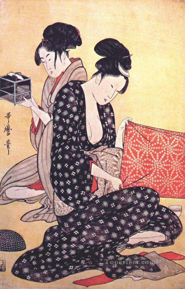 mujeres haciendo vestidos 1 Kitagawa Utamaro Ukiyo e Bijin ga Pintura al óleo
